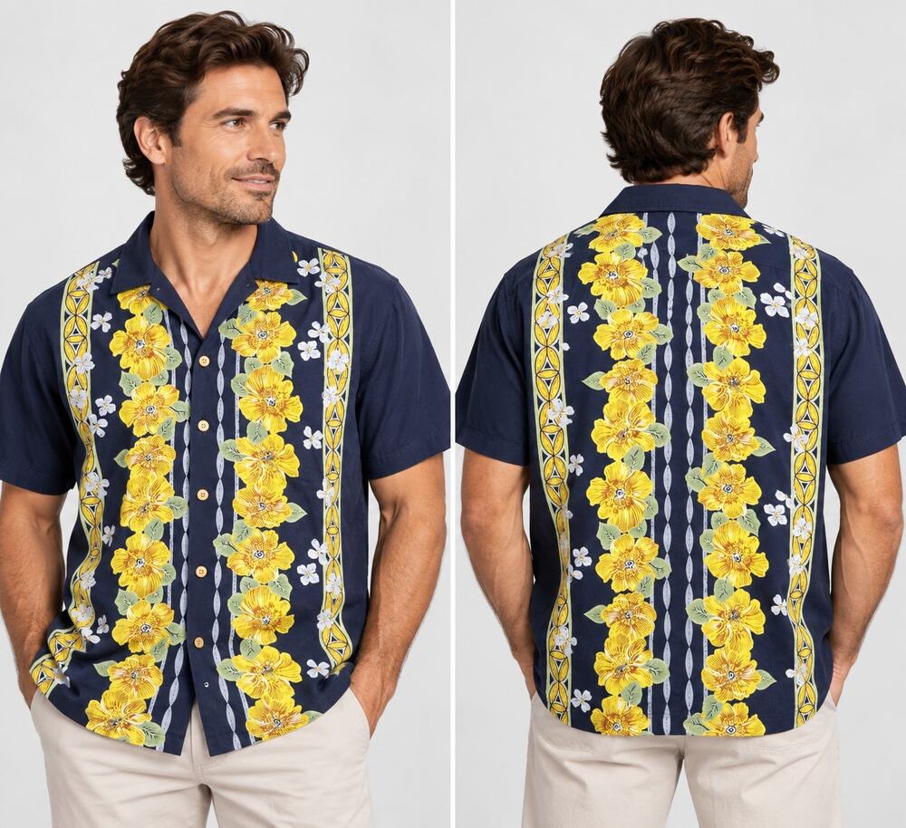 Vintage Que Hawaiian Shirt Men XL Navy Yellow Floral Aloha Made USA Cotton Rayon